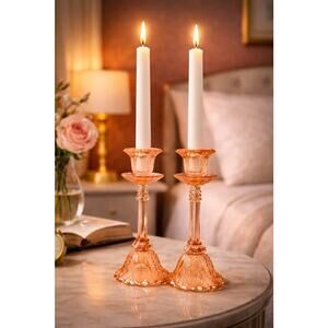 Vallerysthal Portieux Bavards Pink Glass 10" Candlesticks Pair Set Of 2 Rare